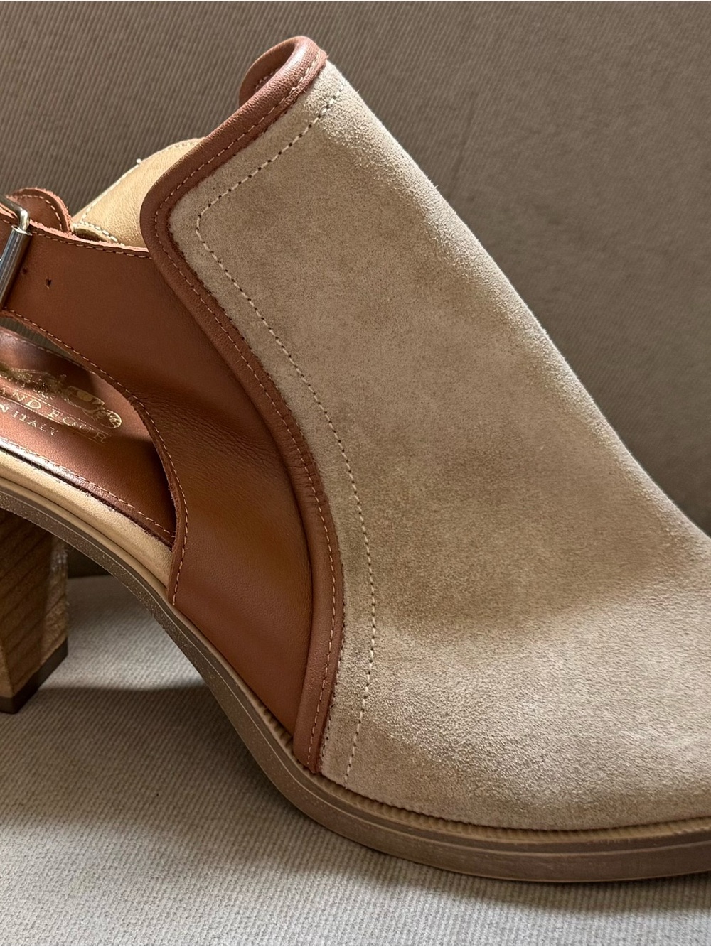 Coach and Four Suede and Leather Slip-On Mule in Taupe and Brown size 10